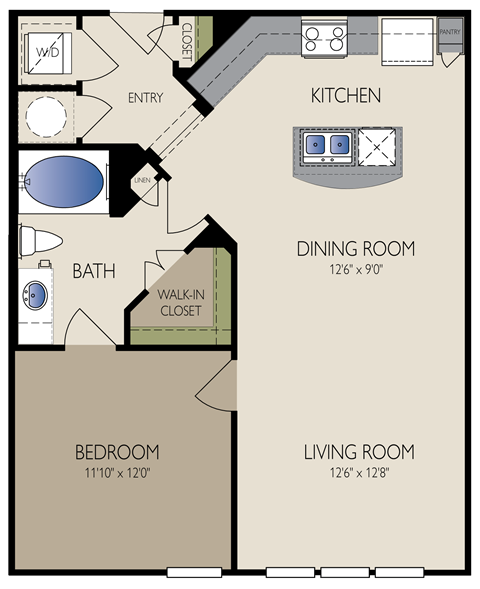 Floor plan for 1 bed, 1 bath, 785 sqft
